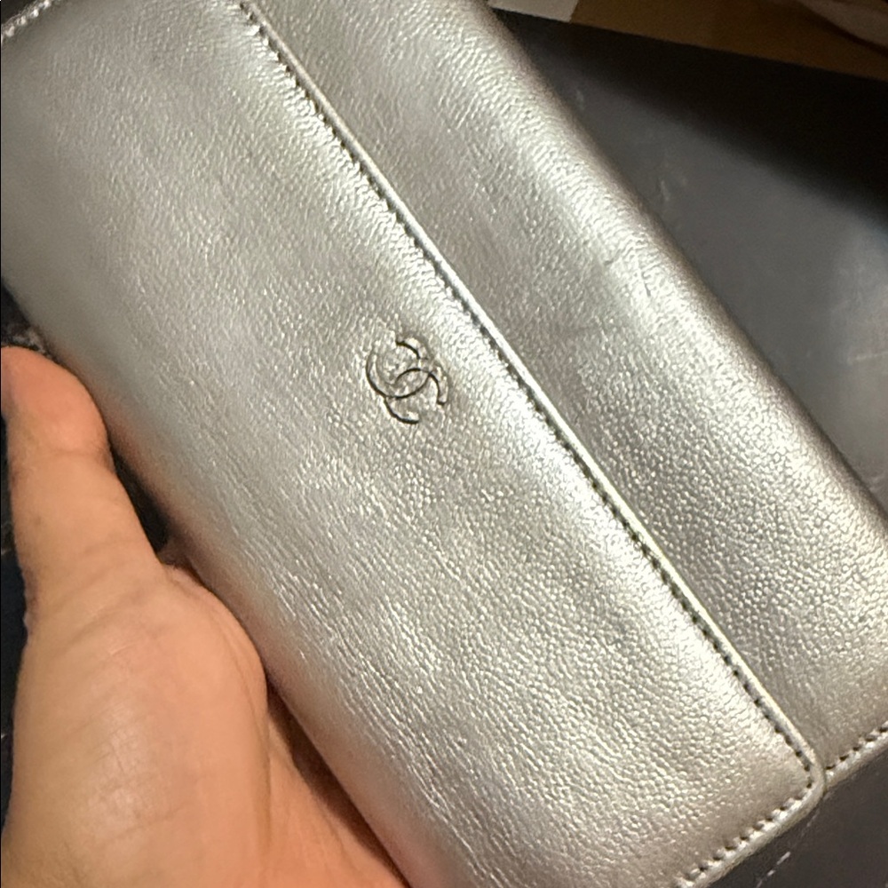 CHANEL # 1 Metallic Gray Leather Wallet (need cleaning)